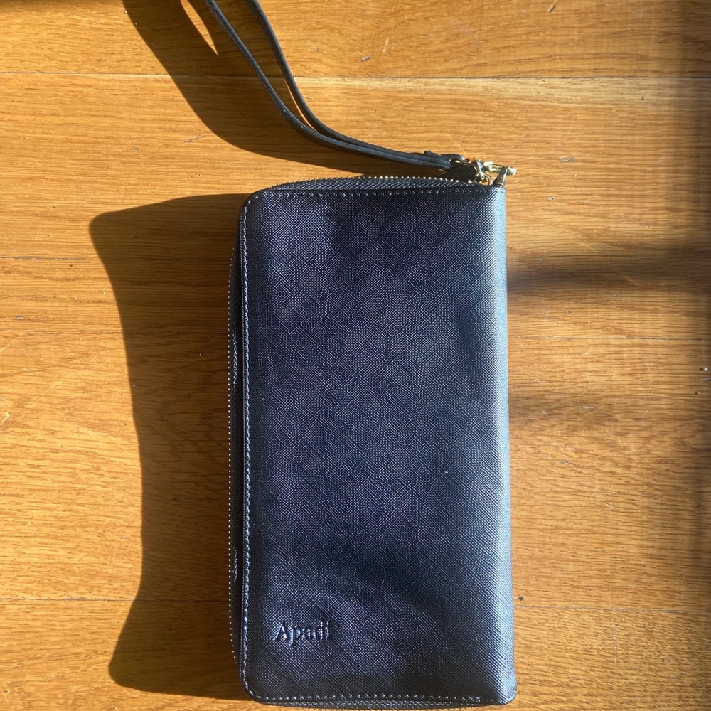 Apadi black zip around travel document clutch new